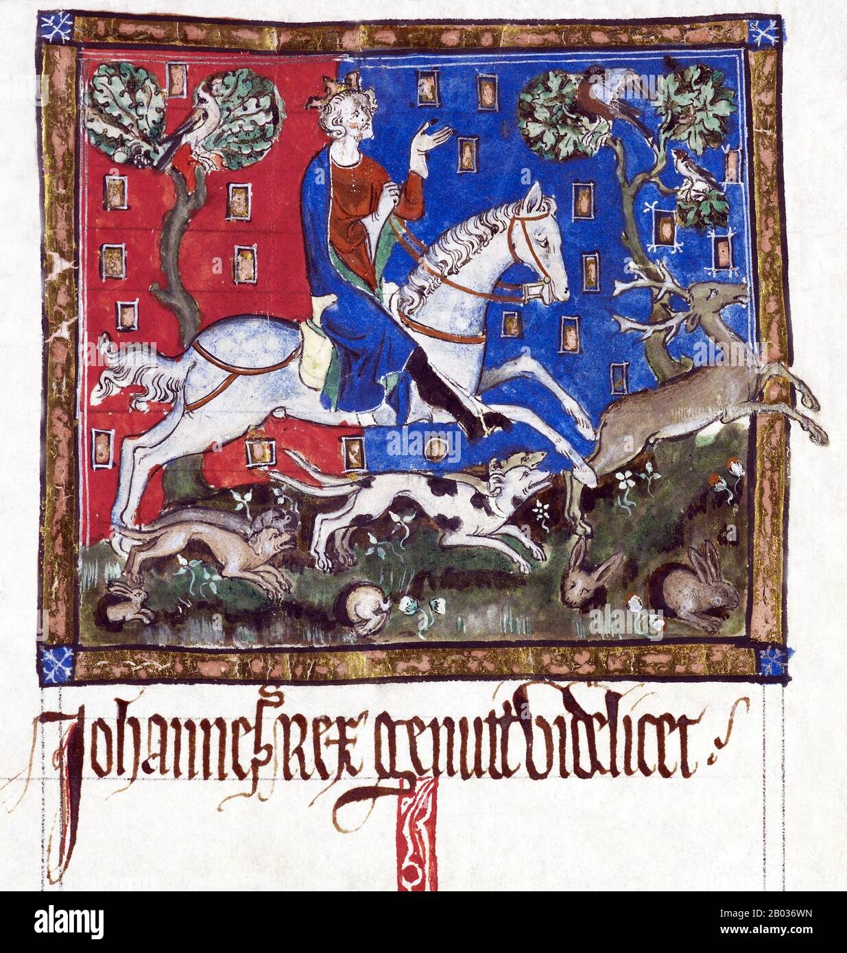 John (24 de diciembre de 1166 – 19 de octubre de 1216), también conocido como John Lackland (francés normando: Johan sanz Terre), fue Rey de Inglaterra desde el 6 de abril de 1199 hasta su muerte en 1216. Juan perdió el Ducado de Normandía ante el rey Felipe II de Francia, resultando en el colapso de la mayor parte del Imperio Angevin y contribuyendo al crecimiento subsiguiente en el poder de la dinastía Capetiana durante el siglo 13. La revuelta baronial al final del reinado de Juan condujo al sellado de la Carta Magna, un documento de inmensa importancia considerado como un paso temprano en la evolución de la constitución del Reino Unido. Foto de stock