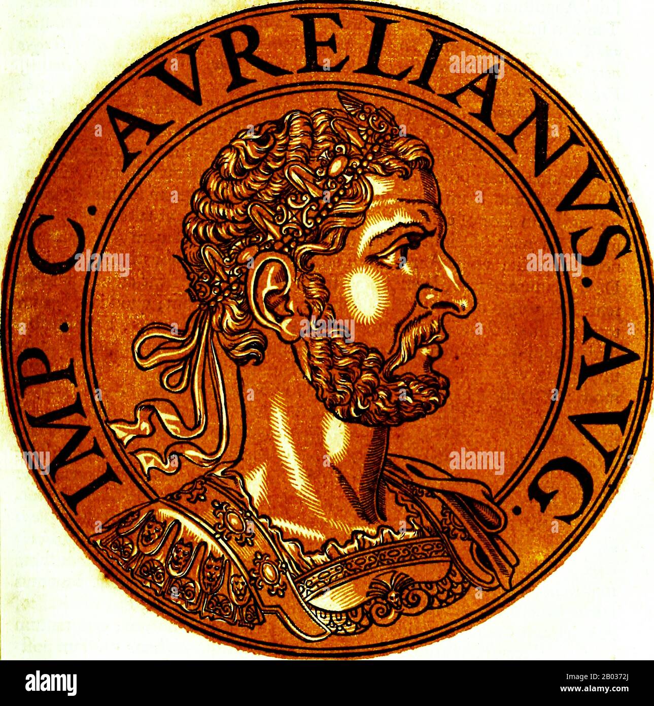Aureliano (214/215-275 EC) se levantó de principios humildes, y se ganó su camino a través de las filas del Ejército Romano a una posición de poder e influencia bajo el Emperador Claudius Gothicus. Después de unos pocos meses cuando el trono fue capturado por el hermano de Claudius, Quintillus, después de la muerte del primero en 270, Aureliano ascendió para convertirse en emperador por la voluntad de sus soldados. Como Claudius antes que él, Aureliano había heredado un Imperio que había sido efectivamente dividido en tres piezas, con el Imperio Gallo en Occidente y el Imperio Palmireno en Oriente. Varias tribus germánicas y bárbaras también amenazan Foto de stock
