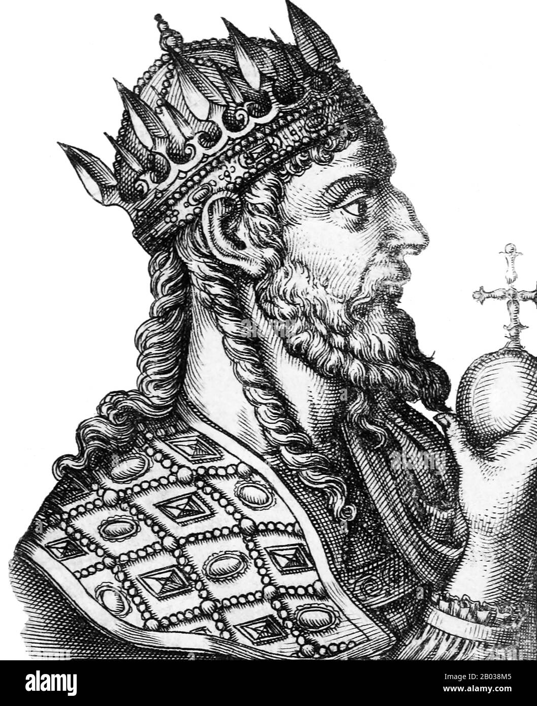 Tiberio II Constantino (520-582) nació en Tracia y amigo cercano del futuro emperador Justin II Tiberio se convirtió en comandante de la guardia imperial de los Excubitos, y cuando Justin II se adhirió al emperador, Tiberio se convirtió en su comandante militar principal. Cuando Justin tuvo un colapso mental, su esposa Sophia se volvió a Tiberio para manejar el imperio, y más tarde fue nombrado co-emperador y adoptado hijo por Justin en 574. Tiberio se convirtió en único emperador después de que Justin murió en 578, y casi tuvo que lidiar con un complot para derrocarlo perpetrado por la viuda de Justin, la emperatriz Sophia. La conspiración fracasó, y. Foto de stock