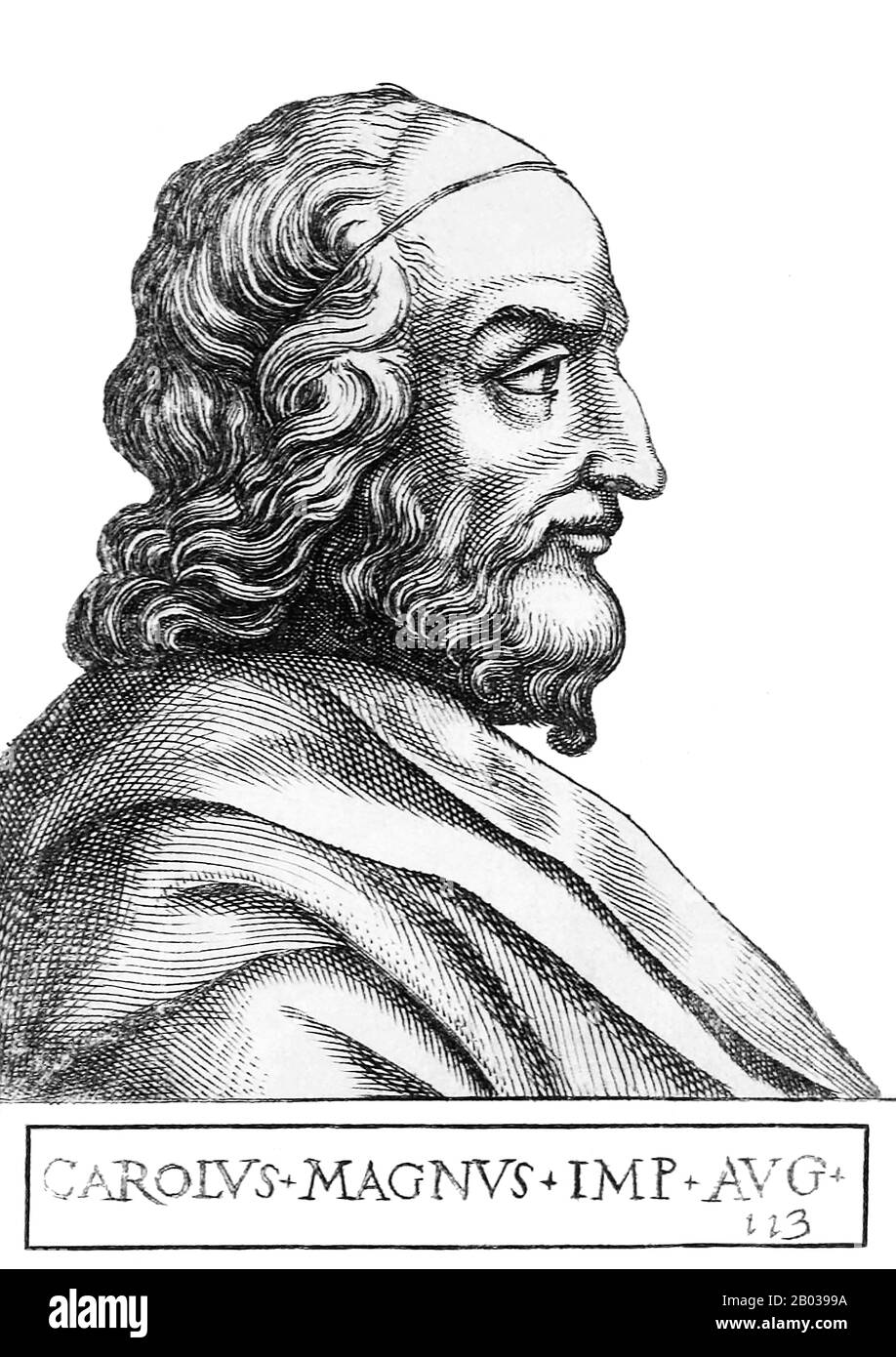 Carlomagno (742/747/748-814), también conocido como Carlos el Grande o Carlos I era el hijo mayor del Rey de los francos, Pepin el Corto. Tomó el trono franco después de la muerte de su padre en 768, inicialmente co-gobernando con su hermano Carloman I, que murió en 771, dejando a Carlomagno como gobernante indiscutible de los francos. Carlomagno se consideraba un protector del papado, e invadió el norte de Italia para quitar a los lombardos del poder, convirtiéndose en Rey de Italia en 774. También dirigió incursiones en la España musulmana y hizo campaña contra los sajones del este, cristianizándolos con la pena de muerte Foto de stock