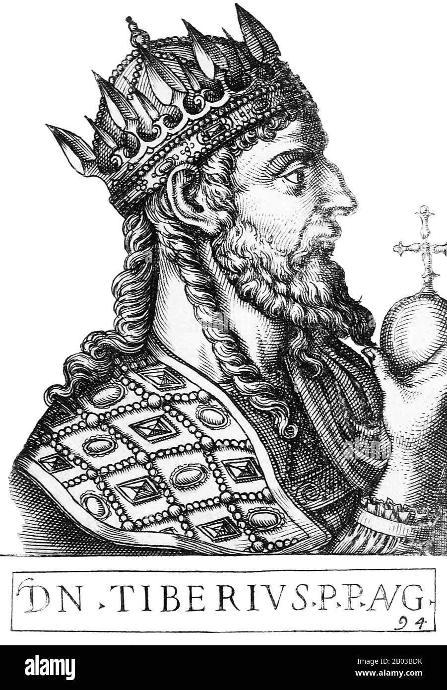 Tiberio II Constantino (520-582) nació en Tracia y fue un amigo cercano del futuro emperador Justin II Tiberio se convirtió en comandante de la guardia imperial de los Excubitos, y cuando Justin II se convirtió en emperador, Tiberio se convirtió en su comandante militar principal. Cuando Justin tuvo un colapso mental, su esposa Sophia se volvió a Tiberio para manejar el imperio, y más tarde fue nombrado co-emperador y adoptado hijo por Justin en 574. Tiberio se convirtió en el único emperador después de que Justin muriera en 578. Foto de stock