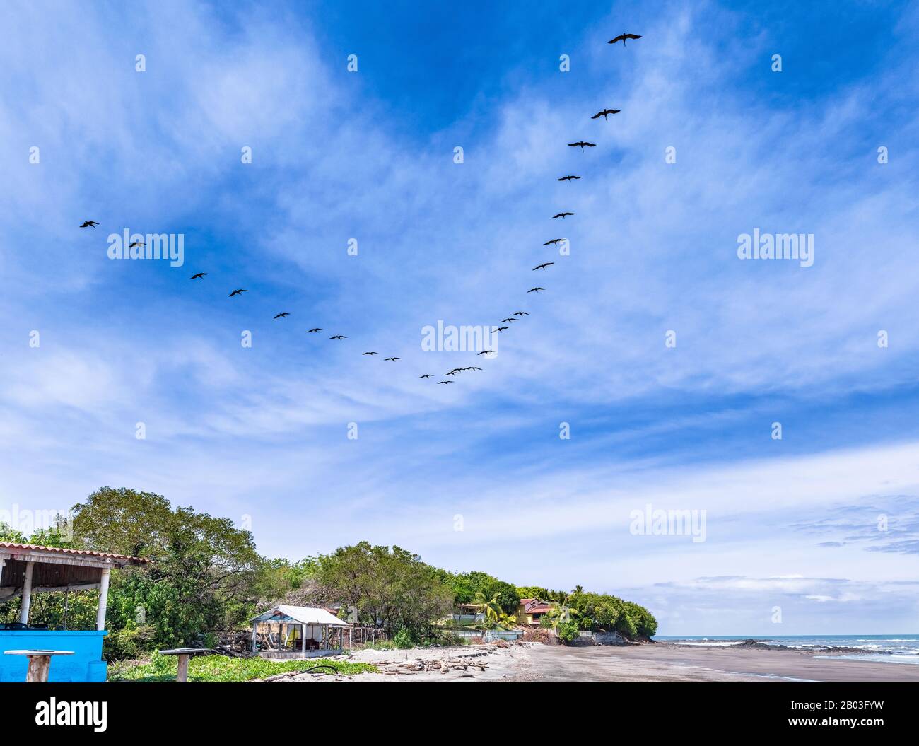 Vista de las aves volando sobre la playa en las tablas, Península de Azuero, Panamá. Foto de stock