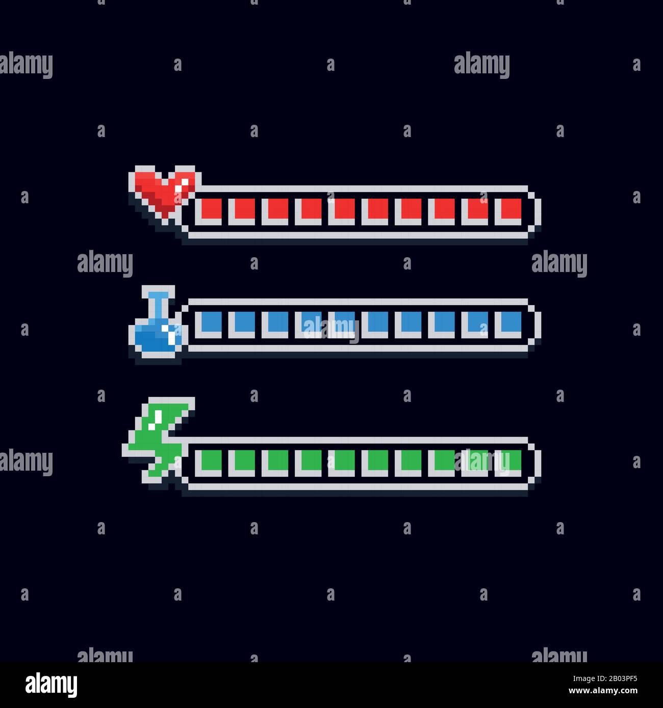 Pixel Art 8 bit retro estilo juego diseño interfaz conjunto - rojo  indicador de salud con corazón, etiqueta de maná azul con poción y verde  barra de carga de energía Imagen Vector
