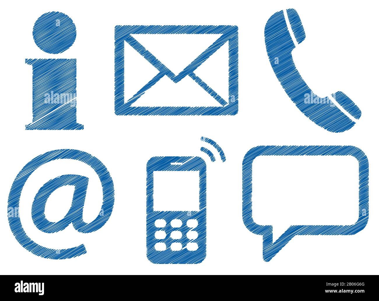 Contáctenos, conjunto de seis iconos de diseño de garabatos aislados sobre fondo blanco Ilustración del Vector