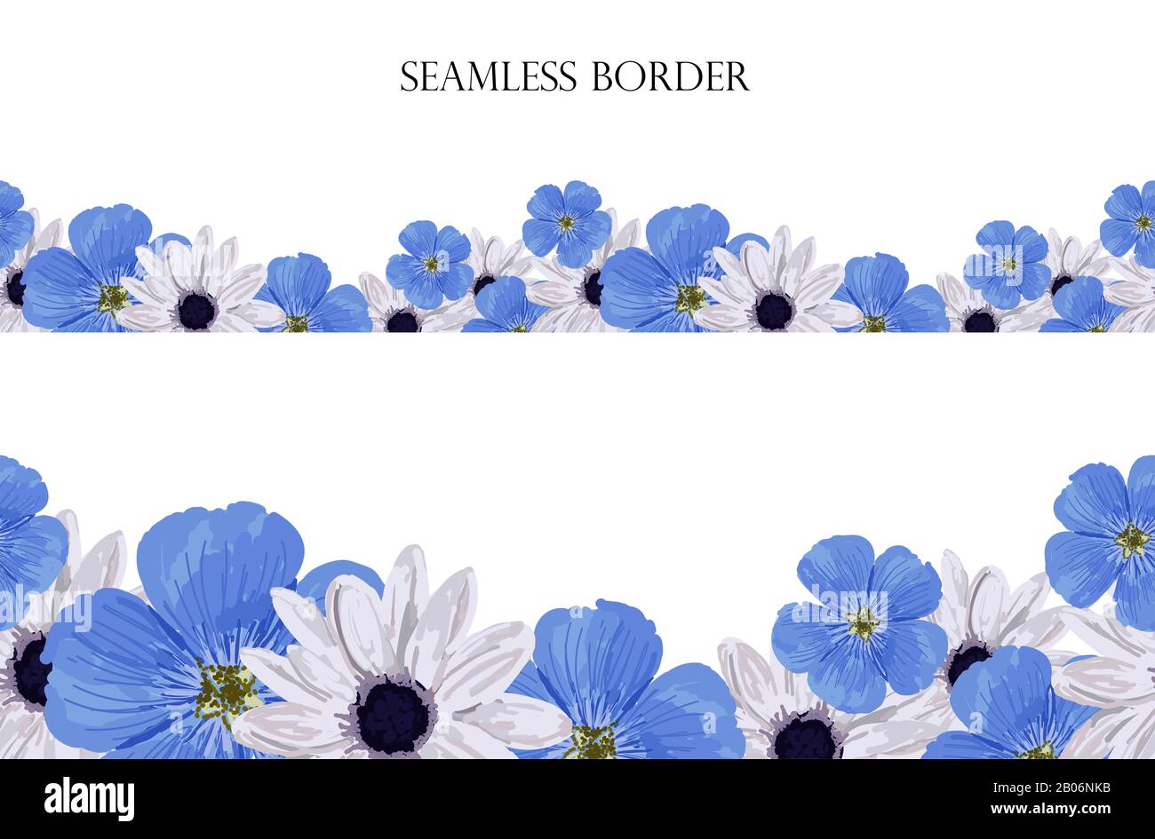 Borde floral sin costuras con flores azules. Diseño moderno sobre fondo blanco. Elemento de diseño para tarjetas, invitaciones, bodas, saludos. Ornam Fotografía de stock - Alamy Borde floral sin costuras con flores azules. Diseño moderno sobre fondo blanco. Elemento de diseño para tarjetas, invitaciones, bodas, saludos. Ornam Fotografía de stock - Alamy