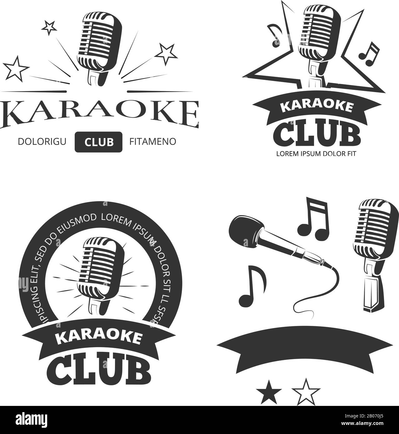 Karaoke vintage voces partido vector etiquetas emblemas insignias