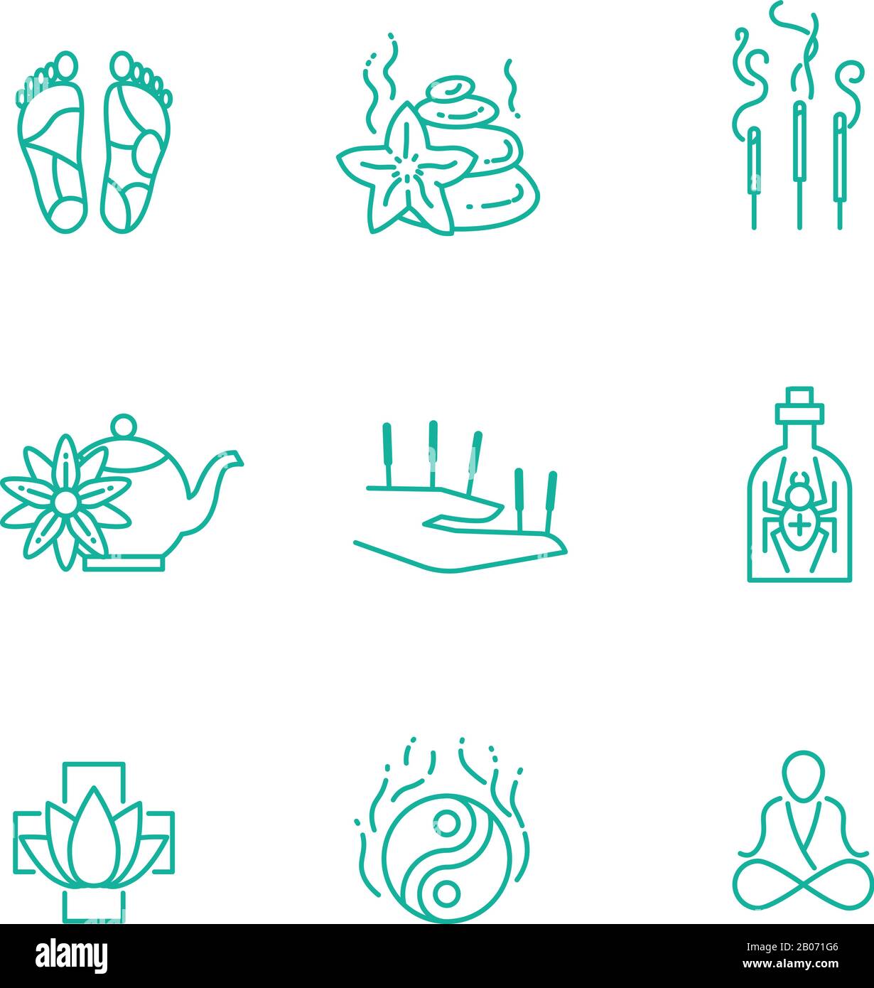 Medicina alternativa homeopatía hierba fina línea vector iconos. Aromaterapia y fitoterapia, ilustración de medicamentos orgánicos a base de hierbas Ilustración del Vector