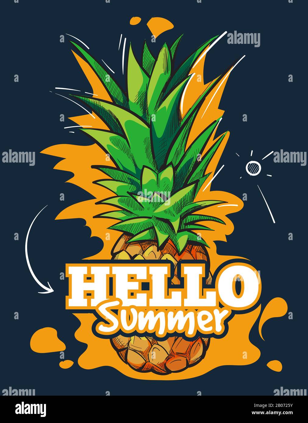 Hola verano vector de fondo de frutas con piña tropical. Cartel con ilustración de alimentos frescos Ilustración del Vector