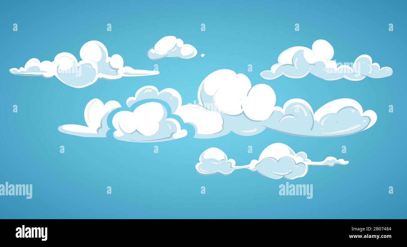 Ilustración vectorial de cielo azul y nubes blancas. Cloudscape en un ambiente esponjoso Ilustración del Vector