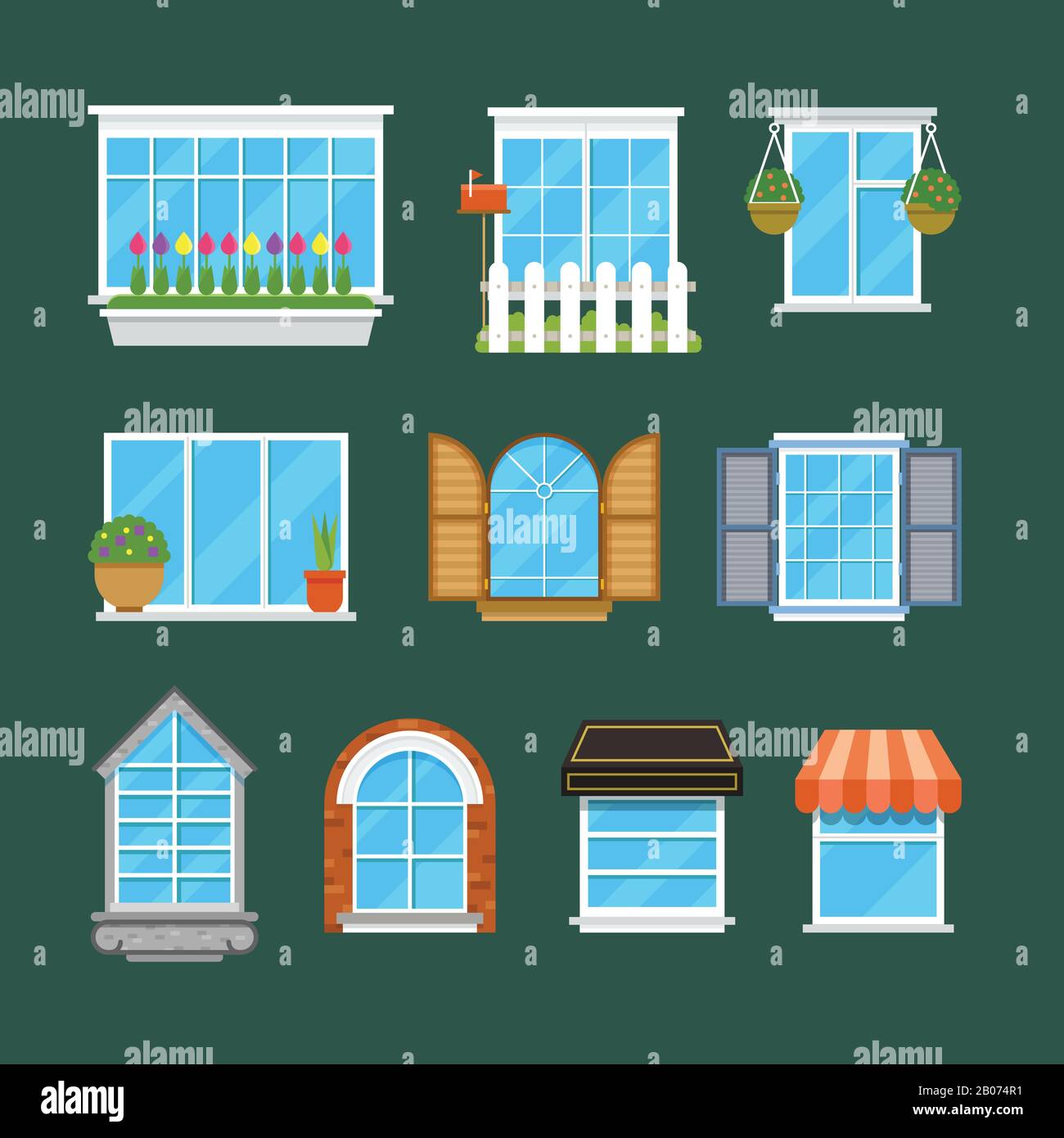 Ventanas con ventanas cortinas flores balcones vector plano conjunto. Ilustración de ventanas arquitectónicas de plástico Ilustración del Vector