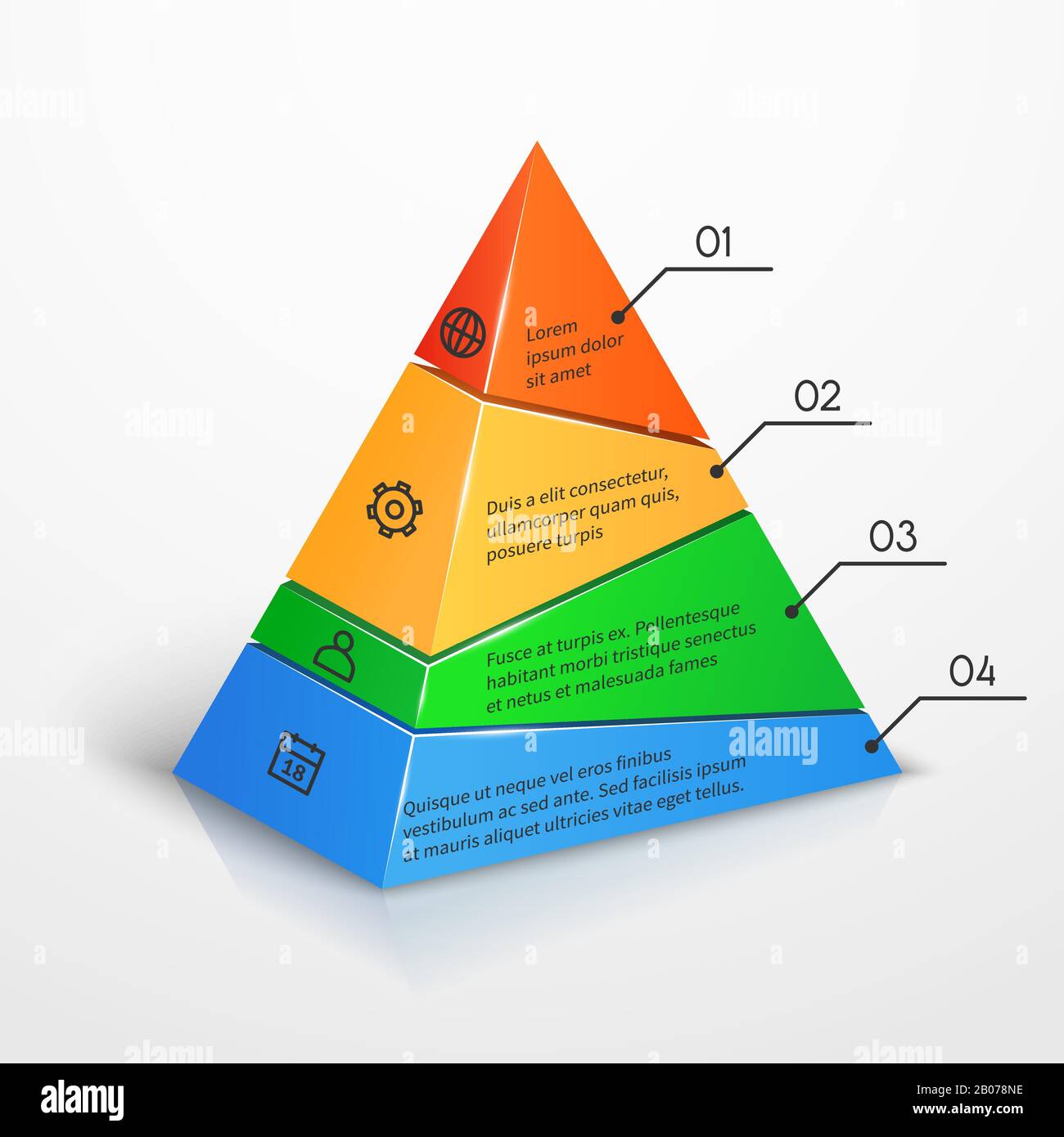 Plantilla infográfica de presentación de vectores de gráfico de pirámide de jerarquía de capas. Nivel de color con ilustración numérica Ilustración del Vector