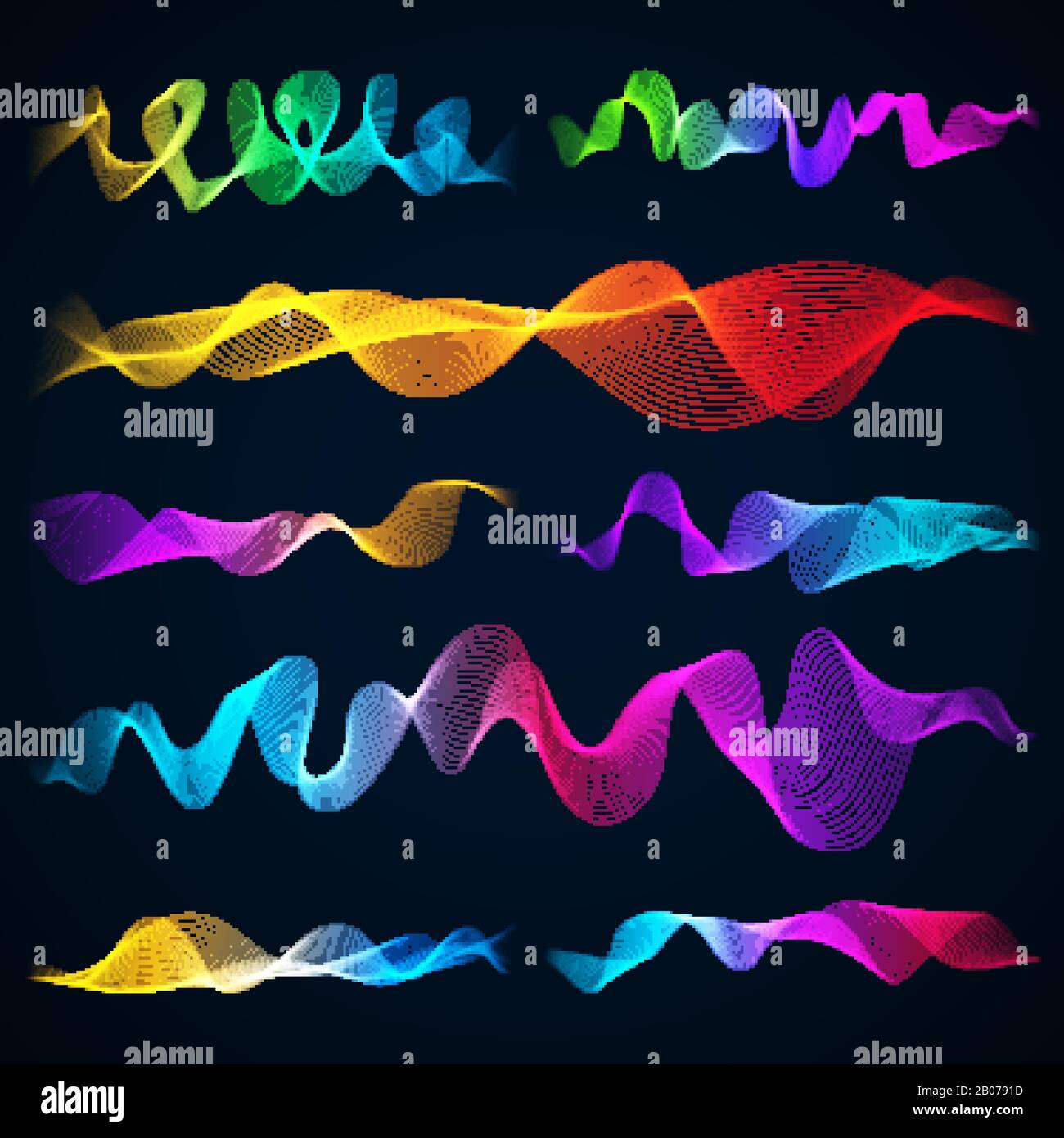 Ondas sonoras 3d luminosas, conjunto de vectores de efecto de energía. Ilustración del efecto de color del ecualizador Ilustración del Vector