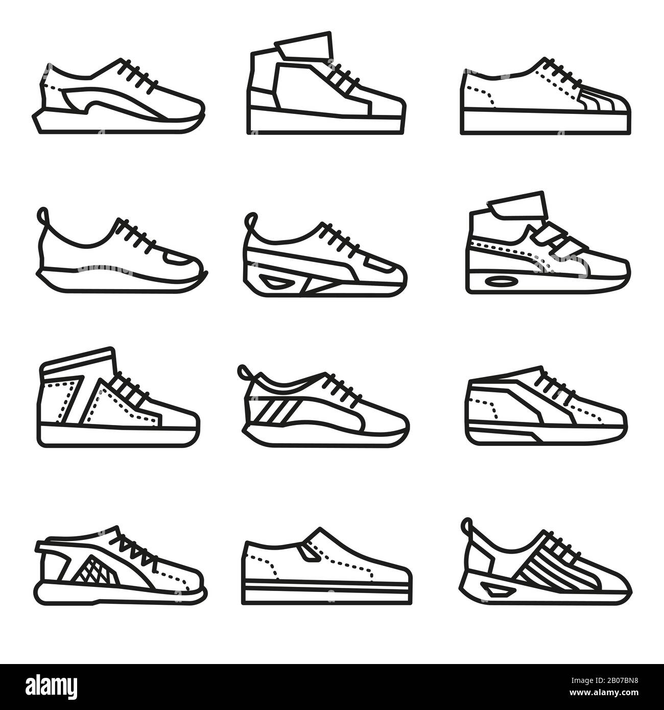 Zapatillas de running, juego de iconos de líneas finas vectoriales. Grupo  lineal de ilustración de calzado Imagen Vector de stock - Alamy
