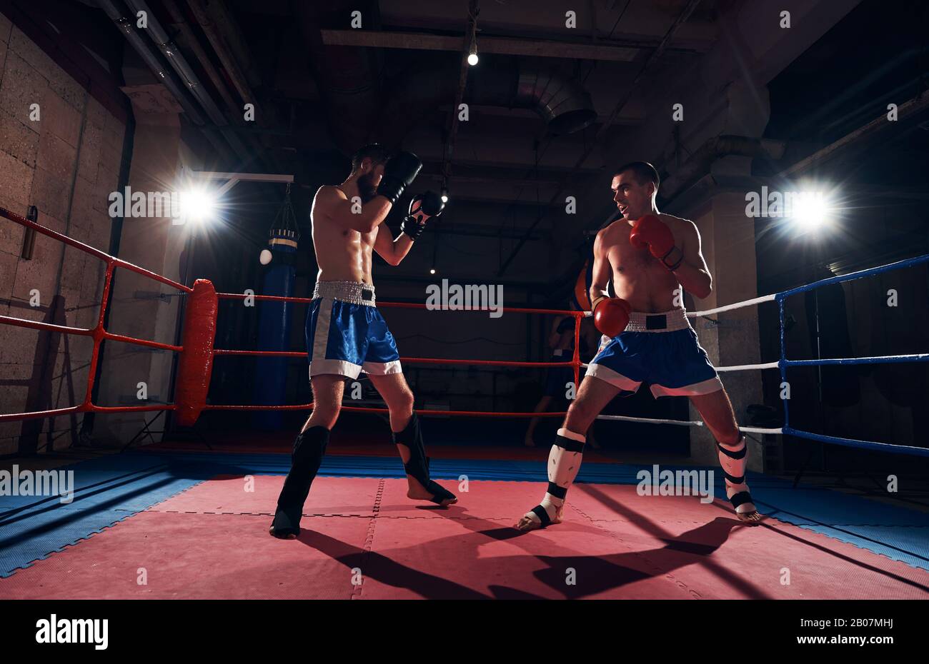 Hermoso macho fighter practicando kickboxing con sparring en el anillo en el club de salud Foto de stock