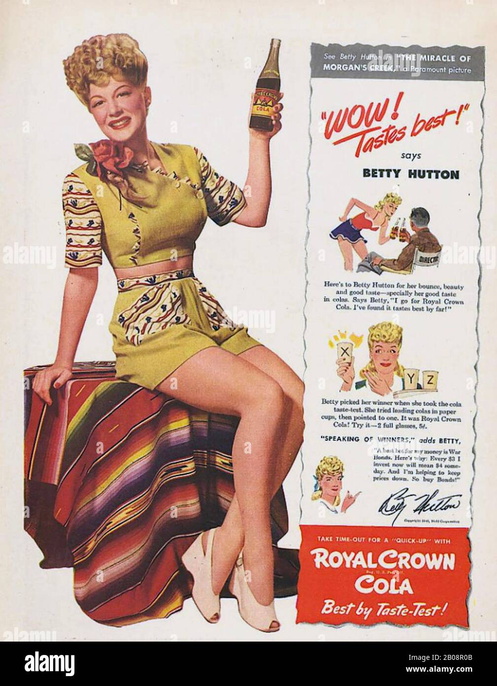 Betty HUTTON (1921-2007) actriz y bailarina cinematográfica estadounidense que promueve su película de 1944 El Milagro de Morgan's Creek junto con Royal Crown Cola Foto de stock