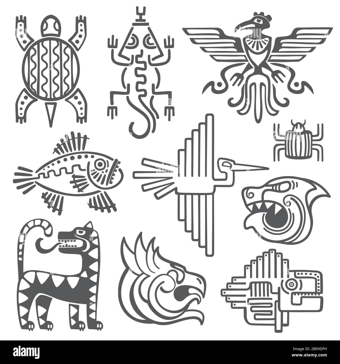 histórico azteca, símbolos de vector inca, patrón de templo maya, signos de cultura nativa americana. Tatuaje tribus antiguas en forma de ilustración de animales abstractos Ilustración del Vector