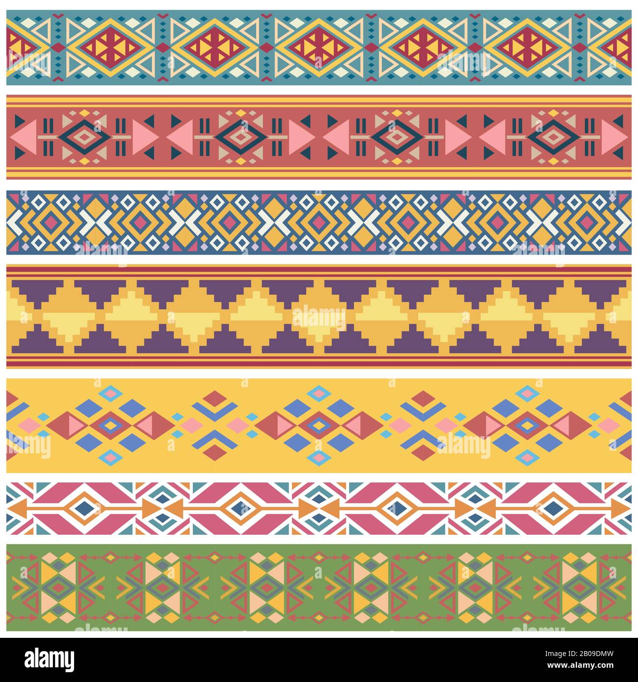 Antiguos gráficos geométricos nativos americanos tribales vector sin costuras bordes. Color patrón tribal americano, ilustración de fondo indio americano Ilustración del Vector