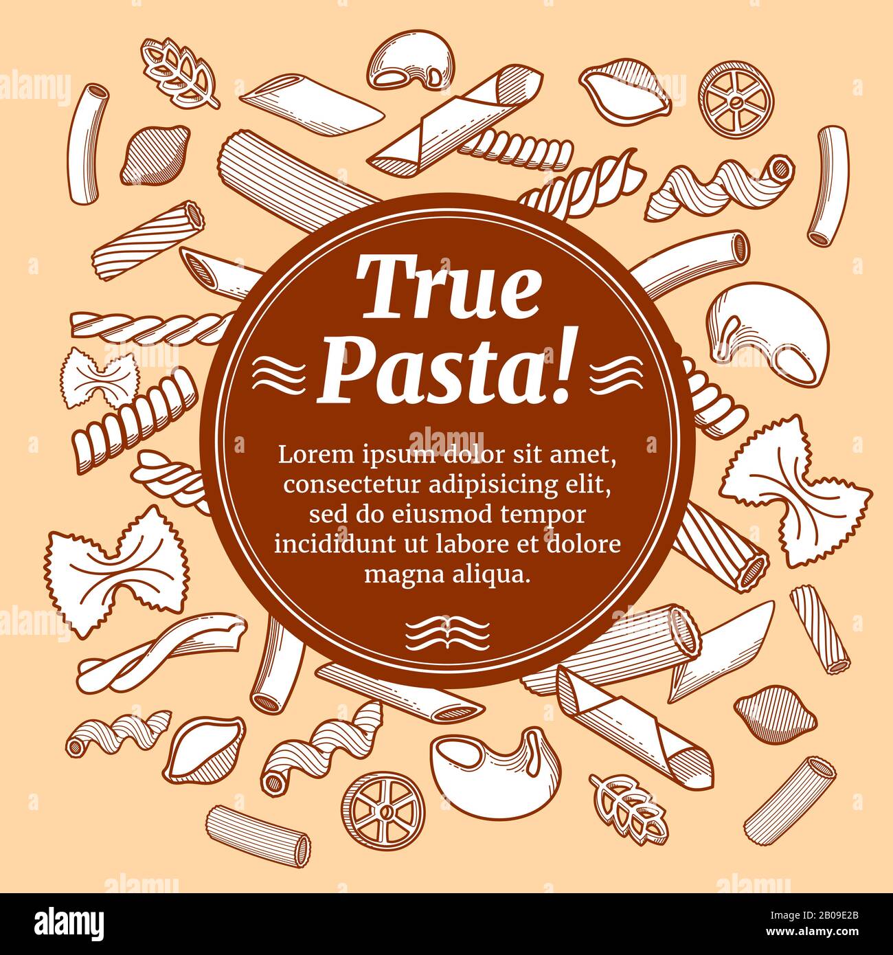 Cocina italiana comida, restaurante Flyer vector plantilla. Banner de pasta auténtica, ilustración del menú de pasta tradicional italiana Ilustración del Vector