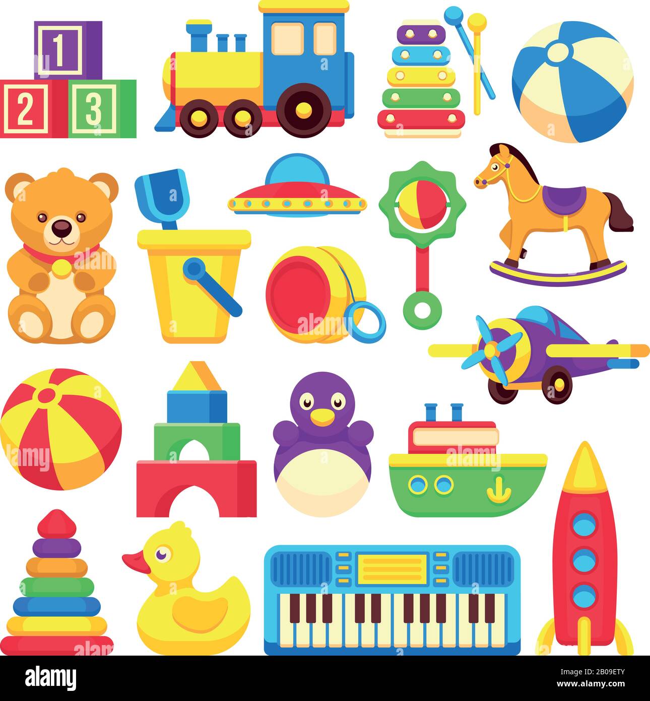 Niños juguetes dibujos animados vector icons colección. Juguetes de colores  de juego, ilustración caballo de juguete y pato Imagen Vector de stock -  Alamy