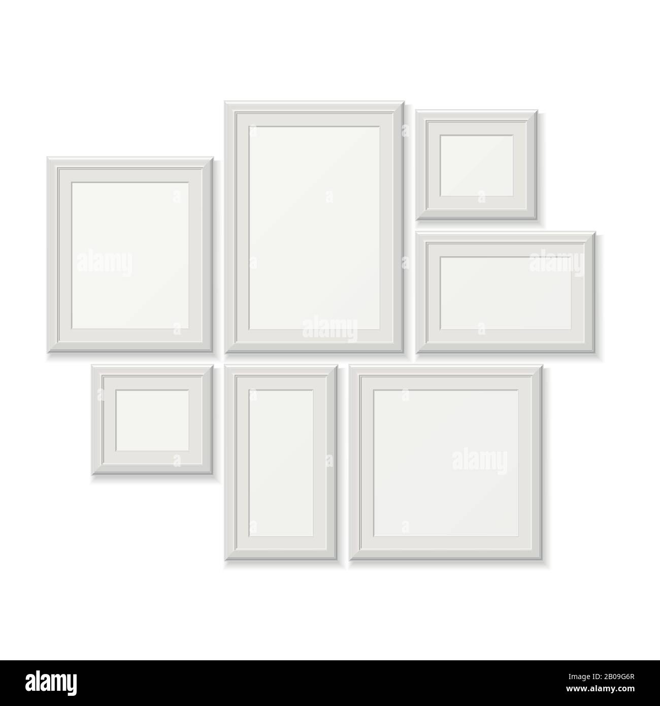 Cuadros blancos vacíos de la pocture, bordes 3d de la foto aislados en la  pared blanca. Conjunto de marcos para fotos, galería con ilustración de  marcos de fotografías Imagen Vector de stock 