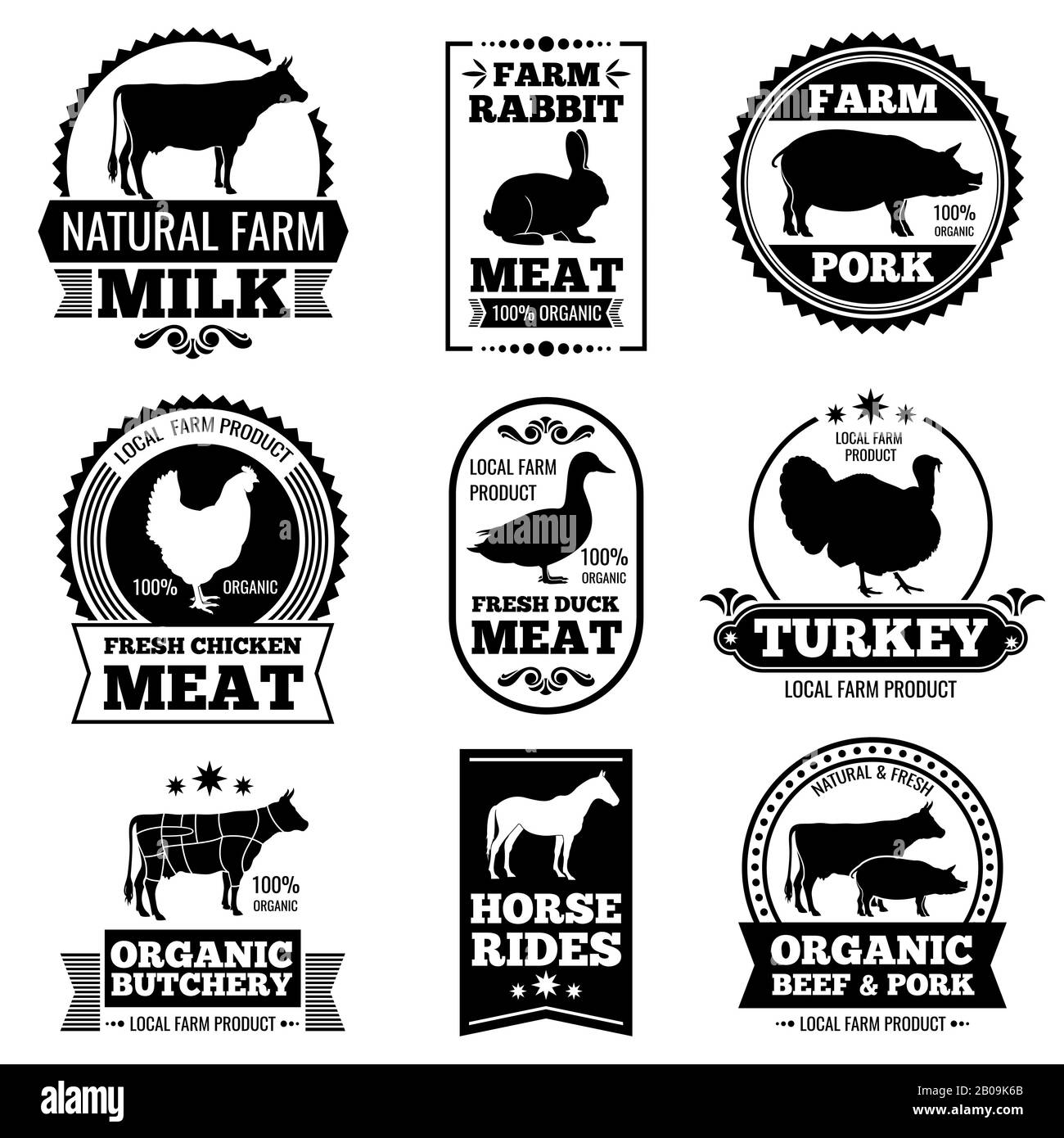 Carne de animales de granja vintage, carnicero tienda de vectores  logotipos, insignias, etiquetas. Logotipo de carne de vacuno y cerdo  orgánico Marca, ilustración del logotipo de carnicería con animales de  silueta negra