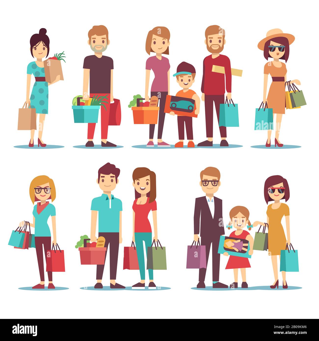 Gente de compras en el centro comercial vector de dibujos animados de los personajes. Familia con niños y bolsas de compras. Ilustración de la mujer en las compras Imagen Vector de stock - Gente de compras en el centro comercial vector de dibujos animados de los personajes. Familia con niños y bolsas de compras. Ilustración de la mujer en las compras Imagen Vector de stock -