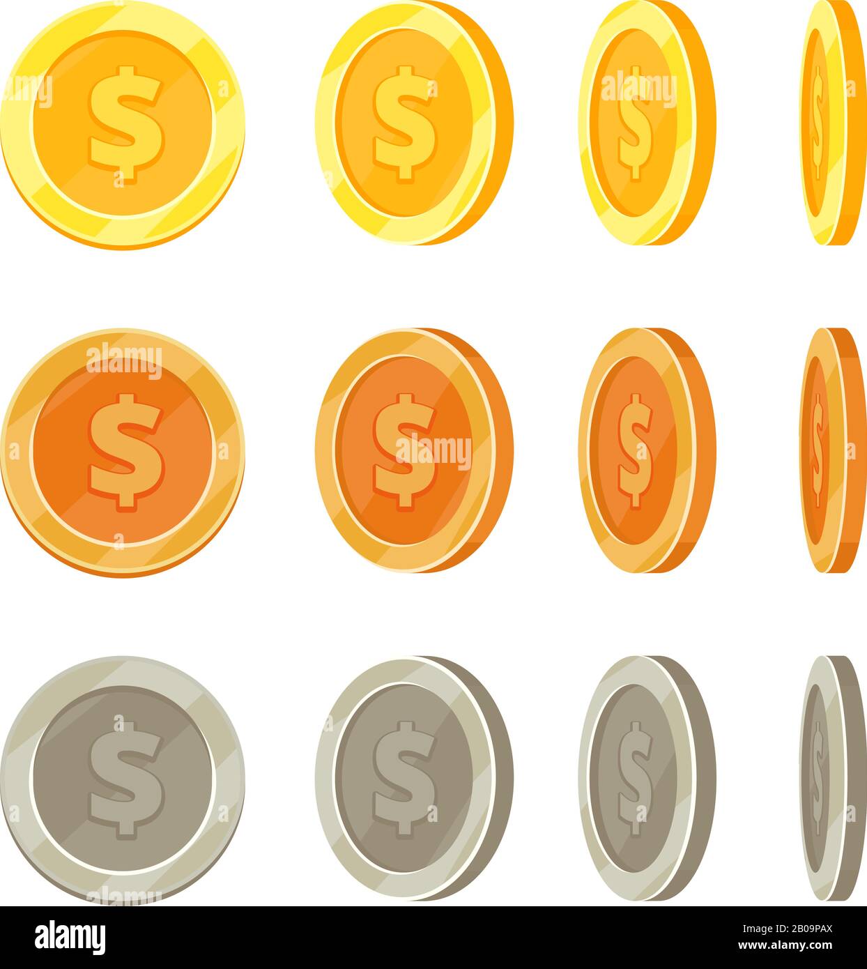 Dibujos animados monedas de oro en diferentes posiciones, moneda de oro  FLIP vector conjunto. Monedas de oro y plata aisladas, ilustración de  animación moneda de bronce Imagen Vector de stock - Alamy