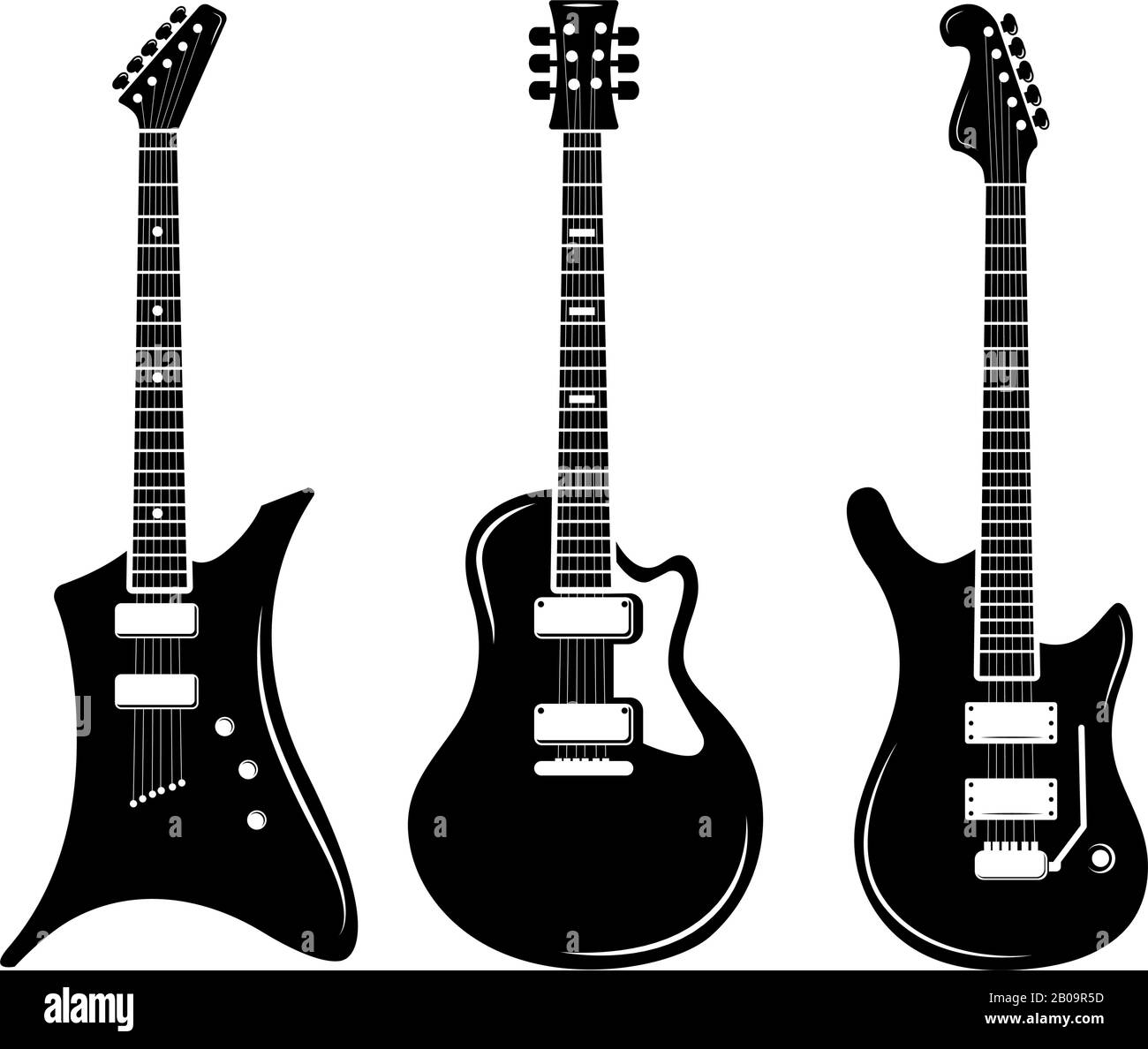 Iconos de guitarra negra vectorial guitarras acústicas y eléctricas. Instrumento de guitarra musical para tocar rock, ilustración de guitarra eléctrica de silueta negra Ilustración del Vector