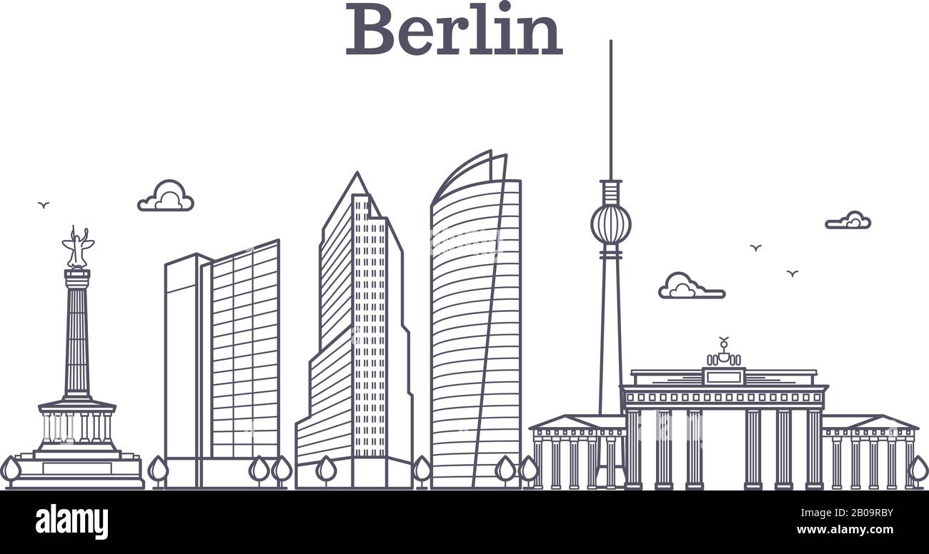 Alemania berlín línea vector paisaje, ciudad panorámica casas. Panorama de berlín, ilustración del contorno del centro de berlín Ilustración del Vector