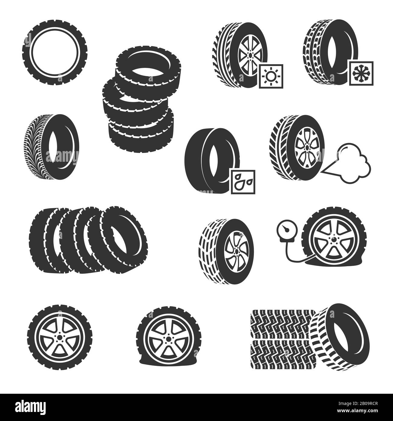 Tienda de neumáticos, neumáticos cambiar el servicio de automóviles vector conjunto de iconos. Rueda de neumático y servicio de coche con ilustración de cambio y bomba de neumático Ilustración del Vector