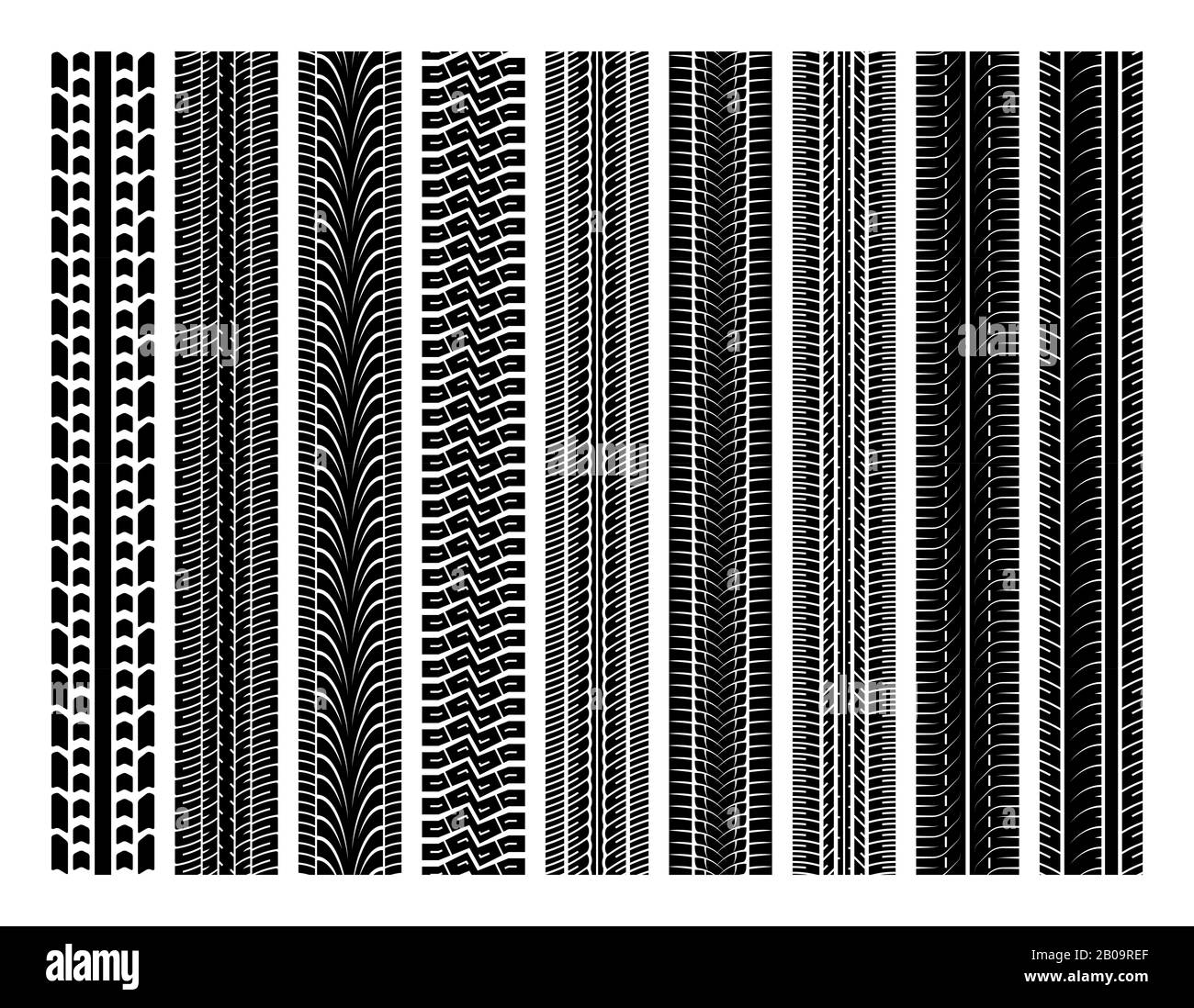 Cadenas de neumáticos sin costuras, juego de vectores de marcas de banda de rodadura. Marca del neumático, ilustración del neumático impreso Ilustración del Vector