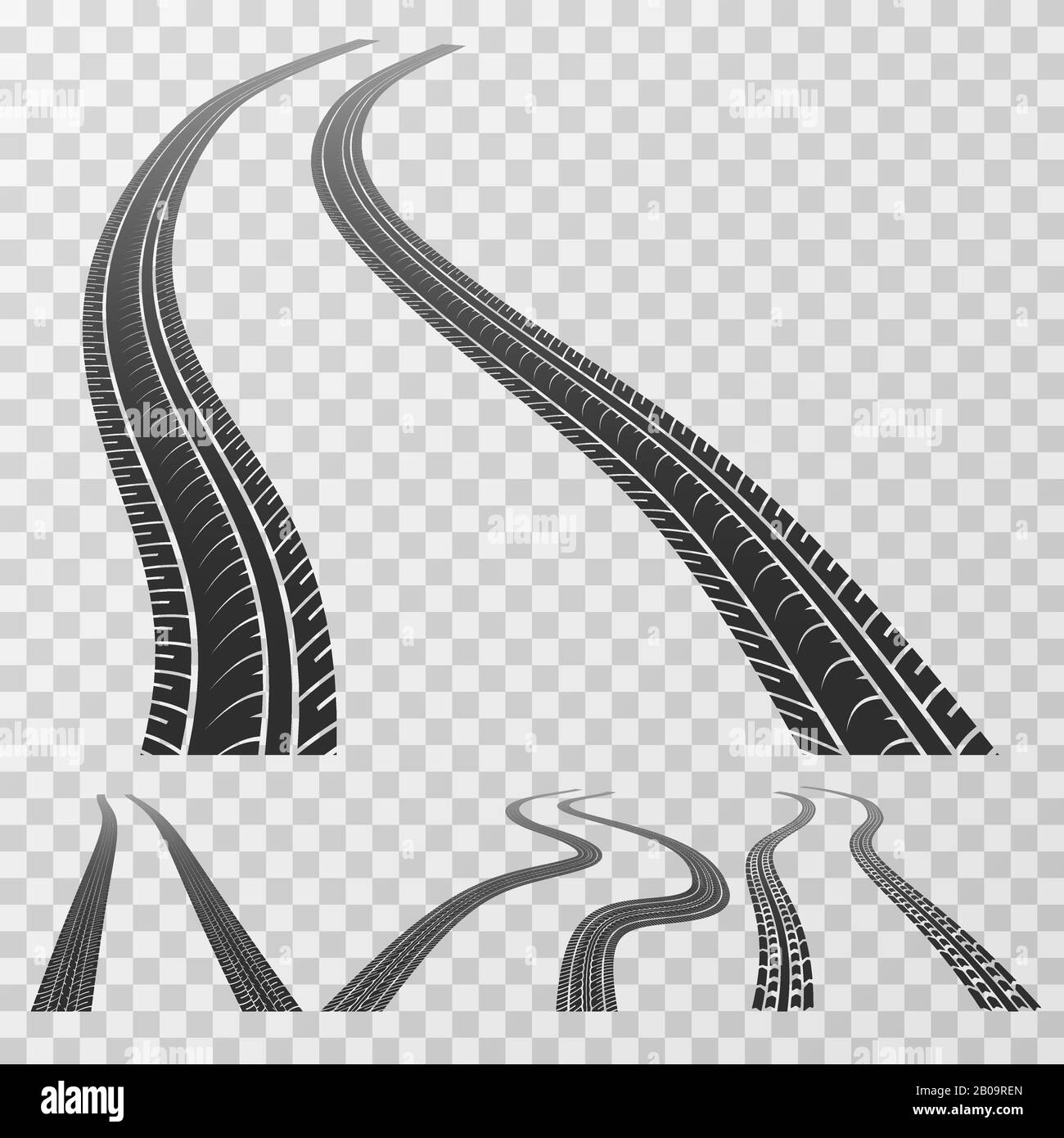 Cadenas curvas de neumáticos que se extienden hasta el horizonte, marcas de la banda de rodadura aisladas sobre un vector de fondo transparente. Gruñido del neumático de la oruga, ilustración del neumático de la oruga de caucho aislado en el fondo a cuadros Ilustración del Vector