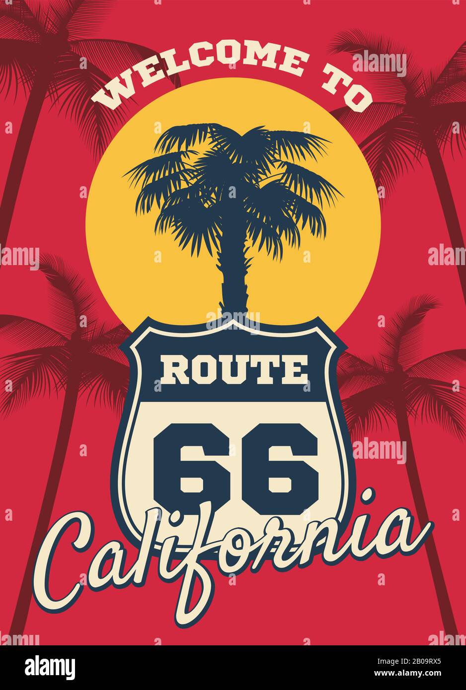 Playa de California mar tema vector sueño fondo, diseño postal. Silueta de la palma del árbol en california, ilustración de la ruta de la señal 66 para viajar california Ilustración del Vector