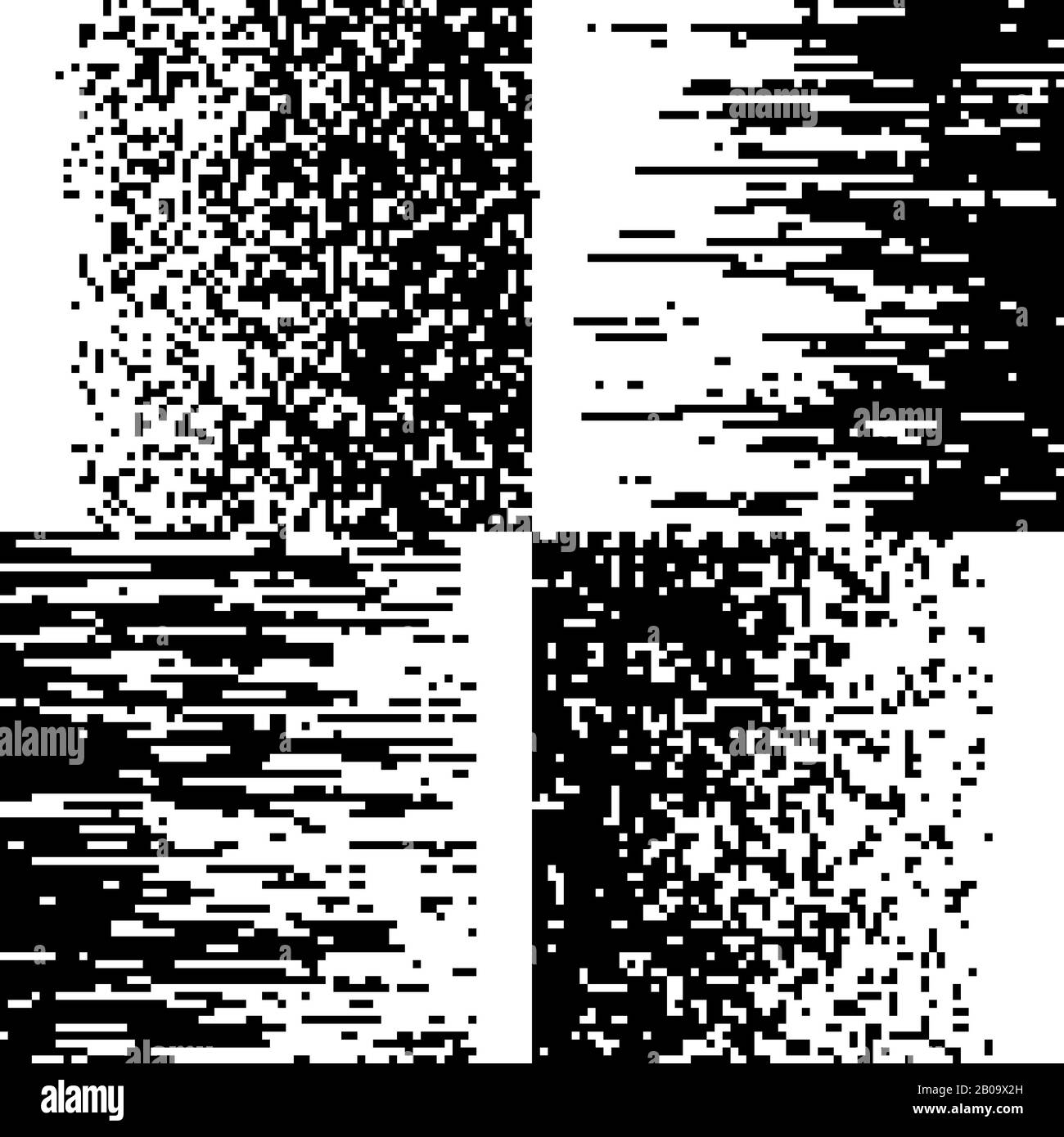 Pixelación en blanco y negro, mosaico de gradiente de píxeles, fondos de vectores pixelados. Ruido de efecto de píxel de patrón, ilustración de ruido de distorsión tv Ilustración del Vector