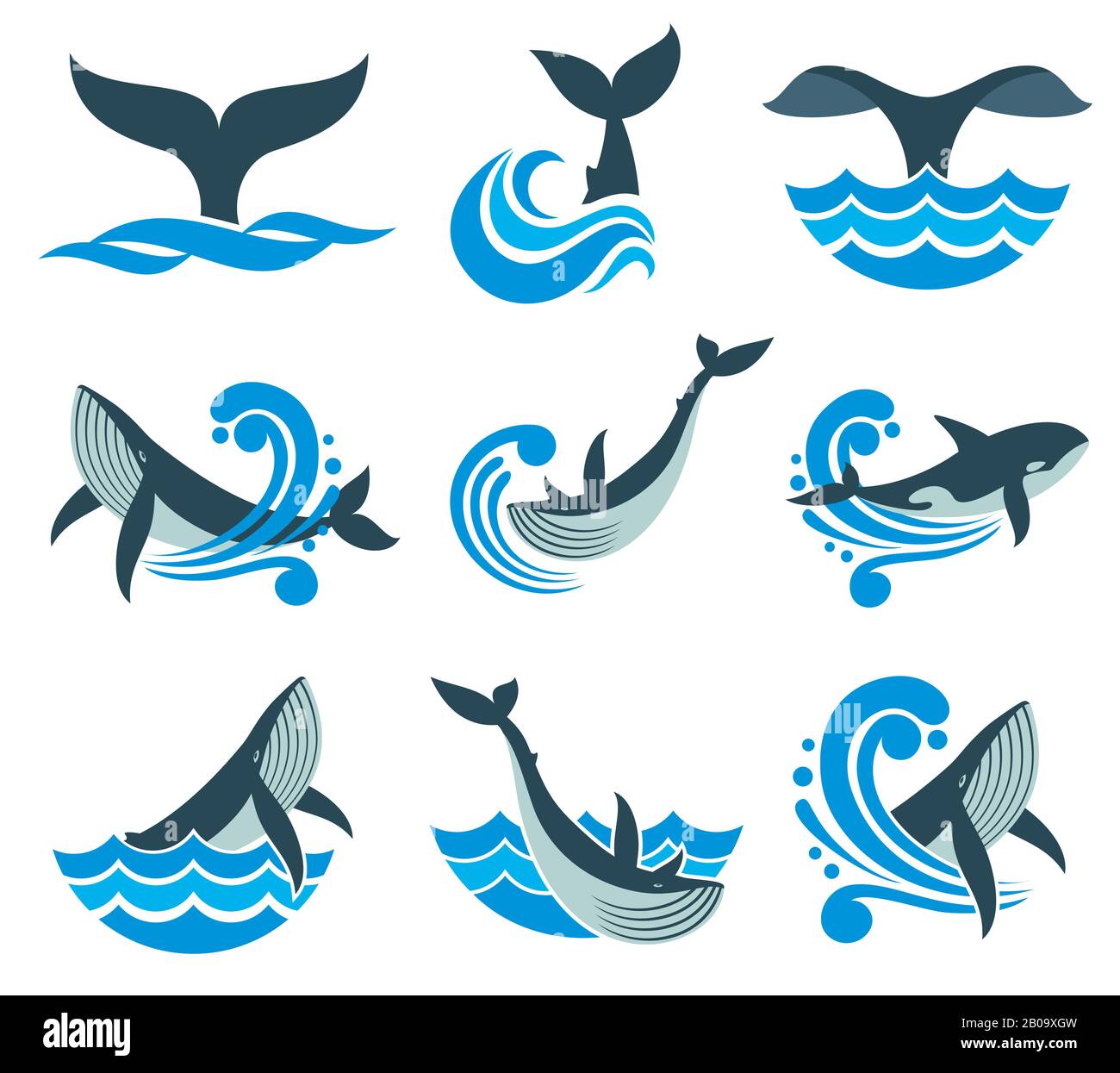 Ballenas salvajes en olas de mar y agua salpican iconos vectoriales. Animal fauna ballena en mar azul, ilustración de animal marino Ilustración del Vector