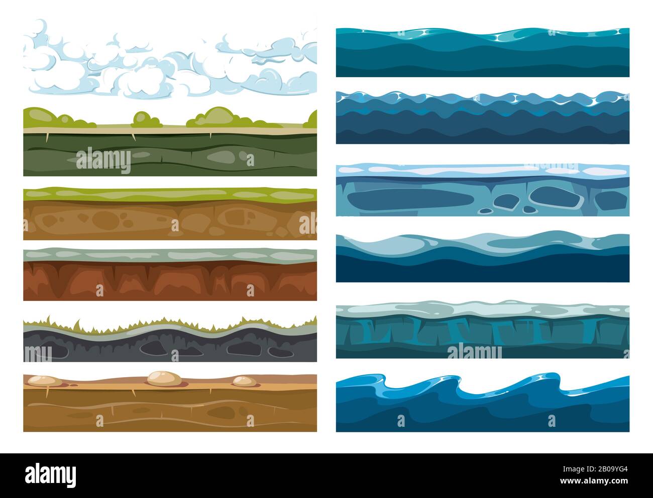 Conjunto de paisajes tierra, mar y fondos de nubes para la ilustración de juegos móviles Ilustración del Vector