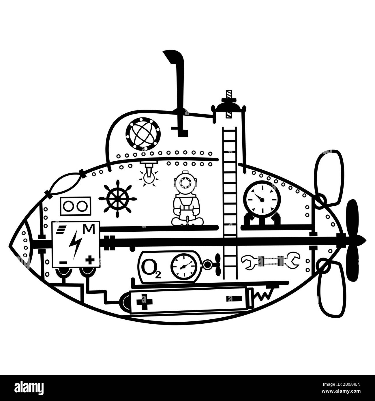 Dibujo de dibujos animados vectoriales de un submarino dentro con elementos y un buzo sobre un fondo blanco para su creatividad Ilustración del Vector
