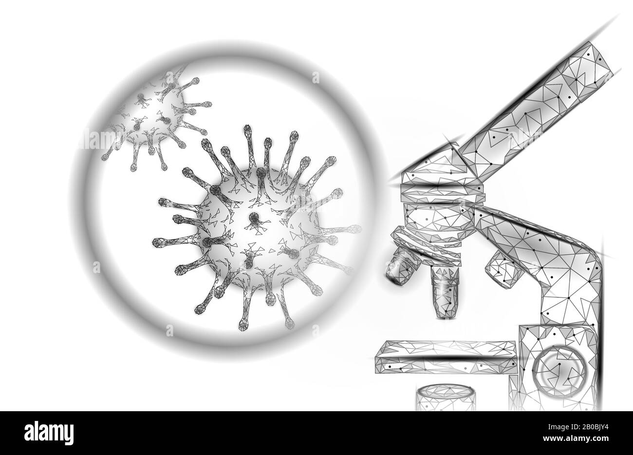 Renderización de poli baja en 3D del virus del microscopio. Análisis de laboratorio infección virus influenza influenza neumonía. Vector de la medicina moderna de la tecnología de la ciencia Ilustración del Vector