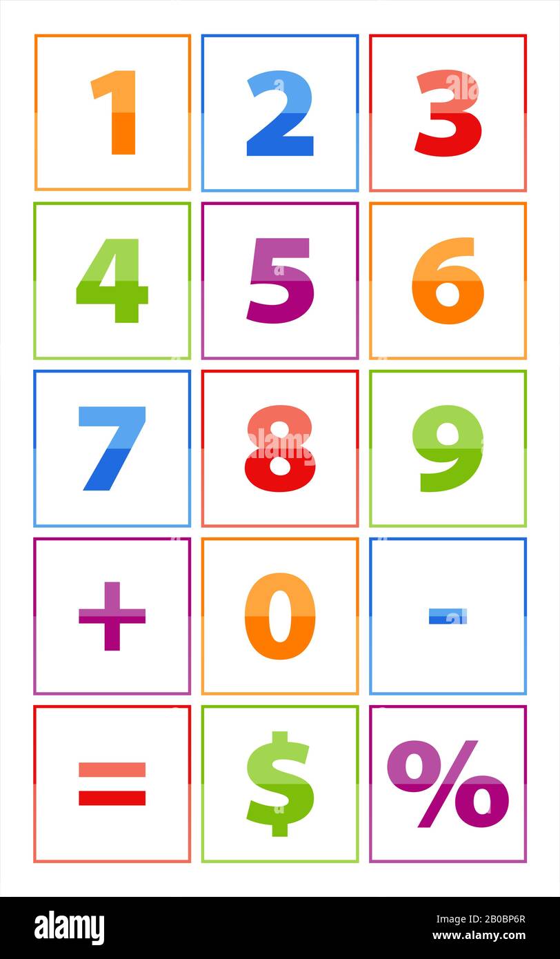El alfabeto numérico, hecho de color naranja, azul, rojo, verde, púrpura.  Cada letra está en el marco Imagen Vector de stock - Alamy