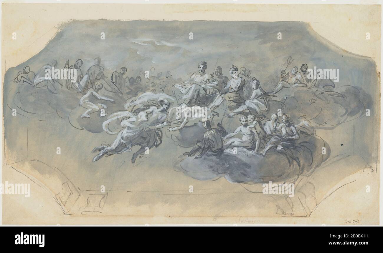 Artista desconocido, Mercury Bearing Psyche to Olympus, 1600-1700, tinta marrón y pluma, tinta negra y de cepillo, lavado gris azulado, sobre grafito sobre papel, 10 1/8 x 17 5/16 pulg. (25.7 cm x 43.9 cm) Foto de stock