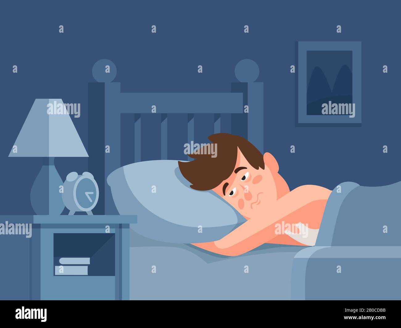 Hombre con insomnio acostado en la cama de fondo oscuro por la noche. Persona sin dormir despierto con la cara cansada dibujo vectorial de dibujos animados Ilustración del Vector