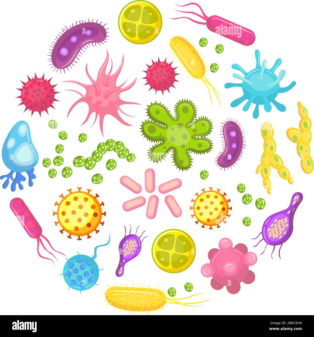 Microorganismo, bacteria, célula vírica, bacteria de la enfermedad y células de hongos. Microorganismos, enfermedades y virus dibujos animados iconos vectoriales Ilustración del Vector