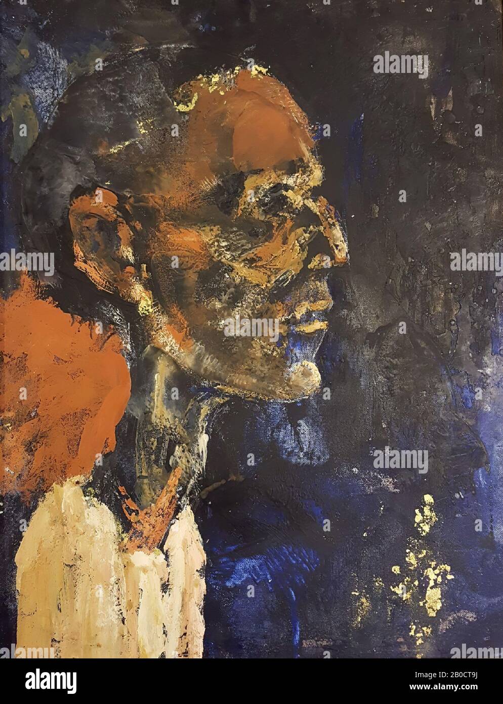 Ramsés II, Pintura del artista Riky Schellart-van Deursen (1942-2013), formato retrato, que representa la momia del rey de Ramsés II en el Museo Egipcio de el Cairo (CG 61078). La momia se muestra acostada y perfilada. Se representa el cuerpo superior de la derecha, tumbado bajo una cubierta predominantemente blanca con la cabeza descubierta pintada en colores carne, sobre un fondo oscuro y base roja., pintado en encaustic sobre panel de tablero duro, enmarcada en marco de madera en blanco. Marcado en la espalda con lápiz: Riky Schellart-v.Deursen Foto de stock