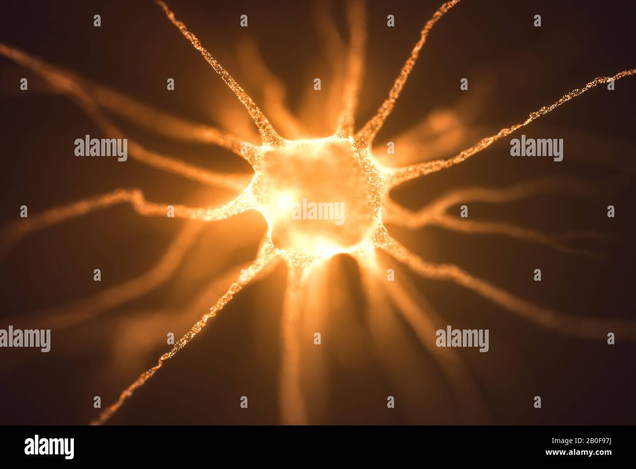 Imagen conceptual de una neurona energizada con carga eléctrica. Concepto de ciencia e investigación del cerebro humano, ilustración en 3D. Foto de stock