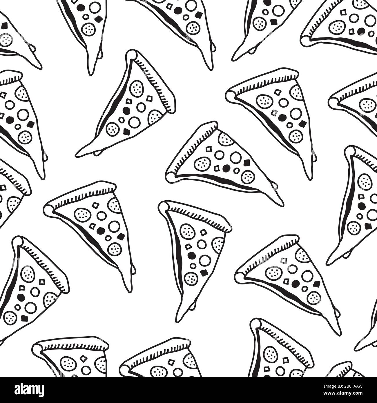 Patrón de pizza sin costuras. Deliciosas rebanadas de pizza con boceto