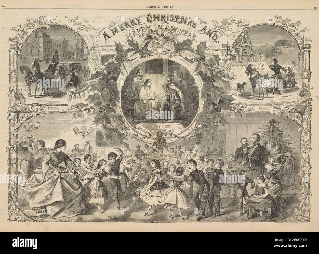 Después de Winslow Homer, norteamericano, 1836–1910, una Feliz Navidad y un Feliz año Nuevo, De Harper's Weekly, vol. 3, 24 de diciembre de 1859, grabado de madera en papel de periódico, hoja: 14 x 20 pulg. (35.6 x 50.8 cm Foto de stock
