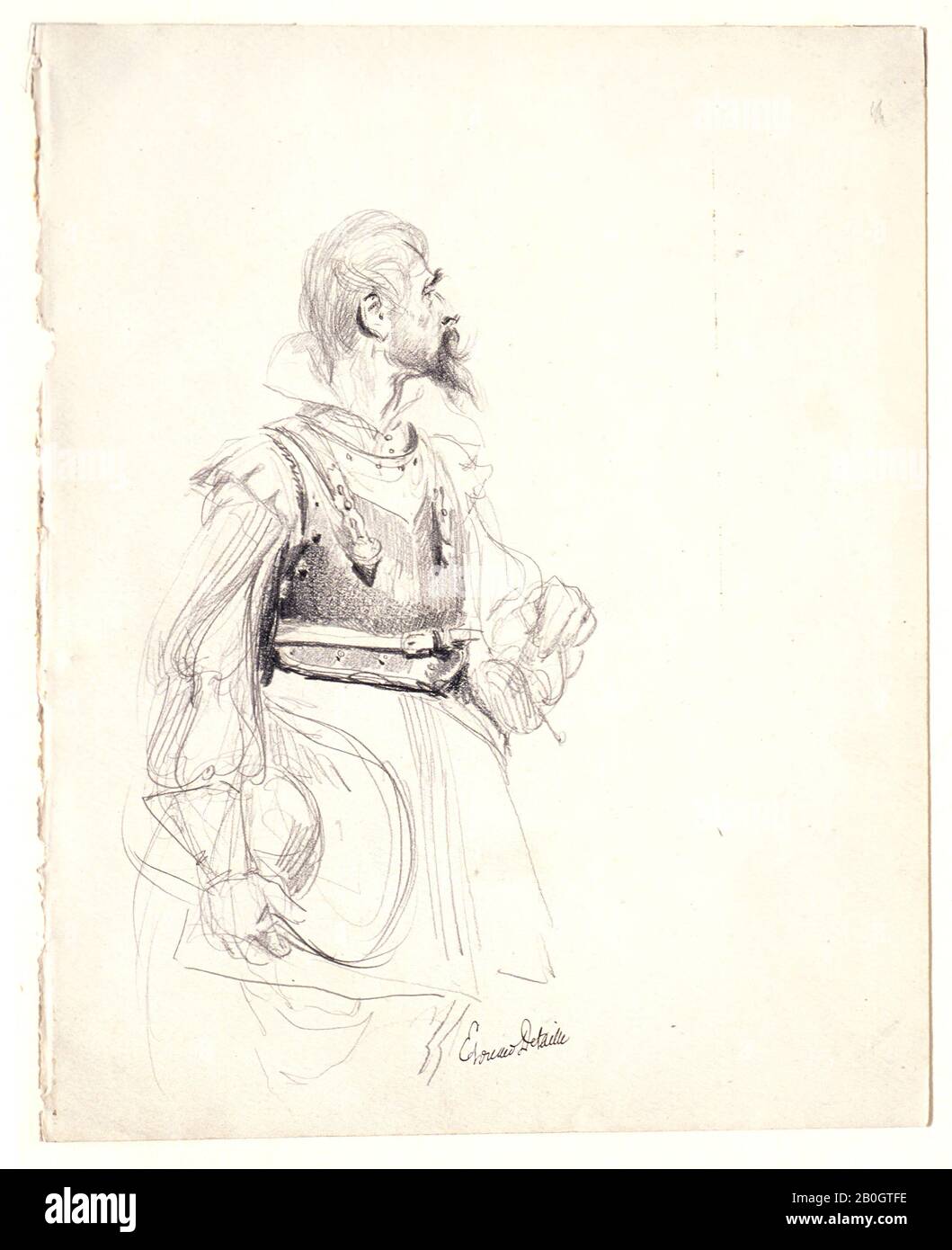 Edouard Detaille, francés, 1848–1912, un hombre con un Cuirass, 1880, lápiz y crayón negro sobre papel de la paloma, En General: 9 3/8 x 7 1/2 pulg. (23.8 x 19.1 cm Foto de stock