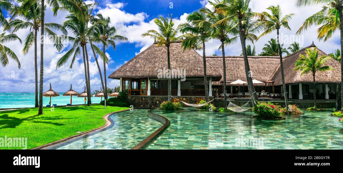 Vacaciones de lujo - Isla Mauricio. Espléndidos resorts de playa en un paraíso tropical Foto de stock