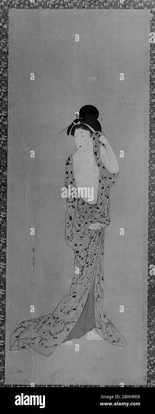 Atribuido a Kitagawa Utamaro, Figura Femenina, Japón, período Edo (1615–1868), Atribuido a Kitagawa Utamaro (japonés, ca. 1754–1806), Japón, Pintura; color sobre seda, 34 3/4 x 14 1/4 pulg. (88.3 x 36.2 cm), Pinturas Foto de stock