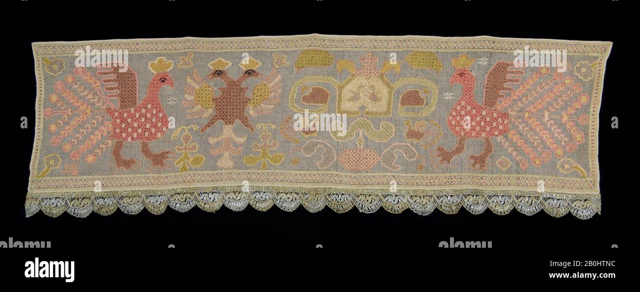 Borde de cortina de cama, ruso, 1800–1850, ruso, lino, seda, metálico, longitud: 52 pulg. (132.1 cm), ancho: 18 pulg. (45.7 cm), Textiles-cordones Foto de stock